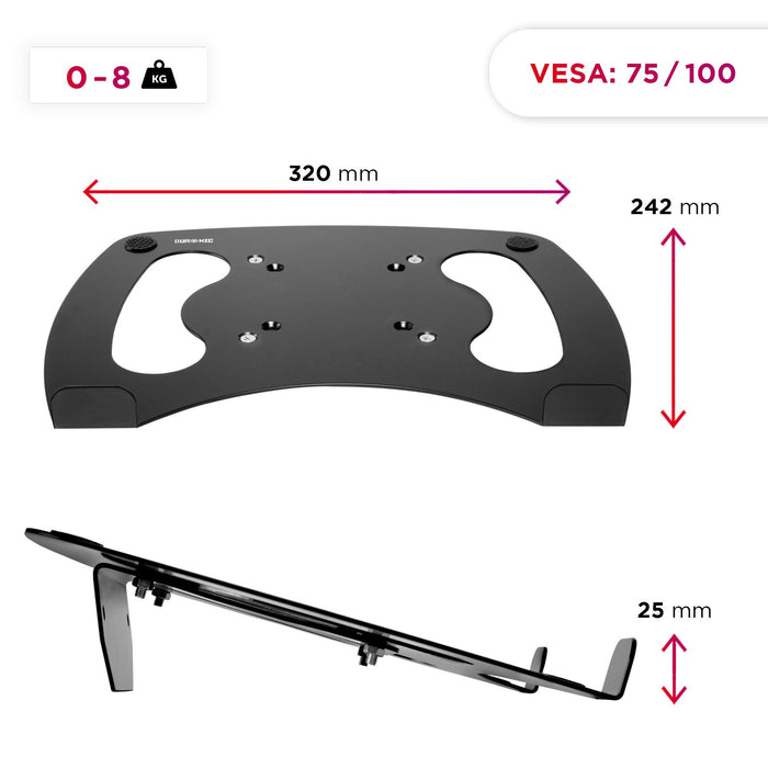 Duronic Monitor Arm Laptop Attachment with dimensions 320mm by 242mm and 8kg capacity.