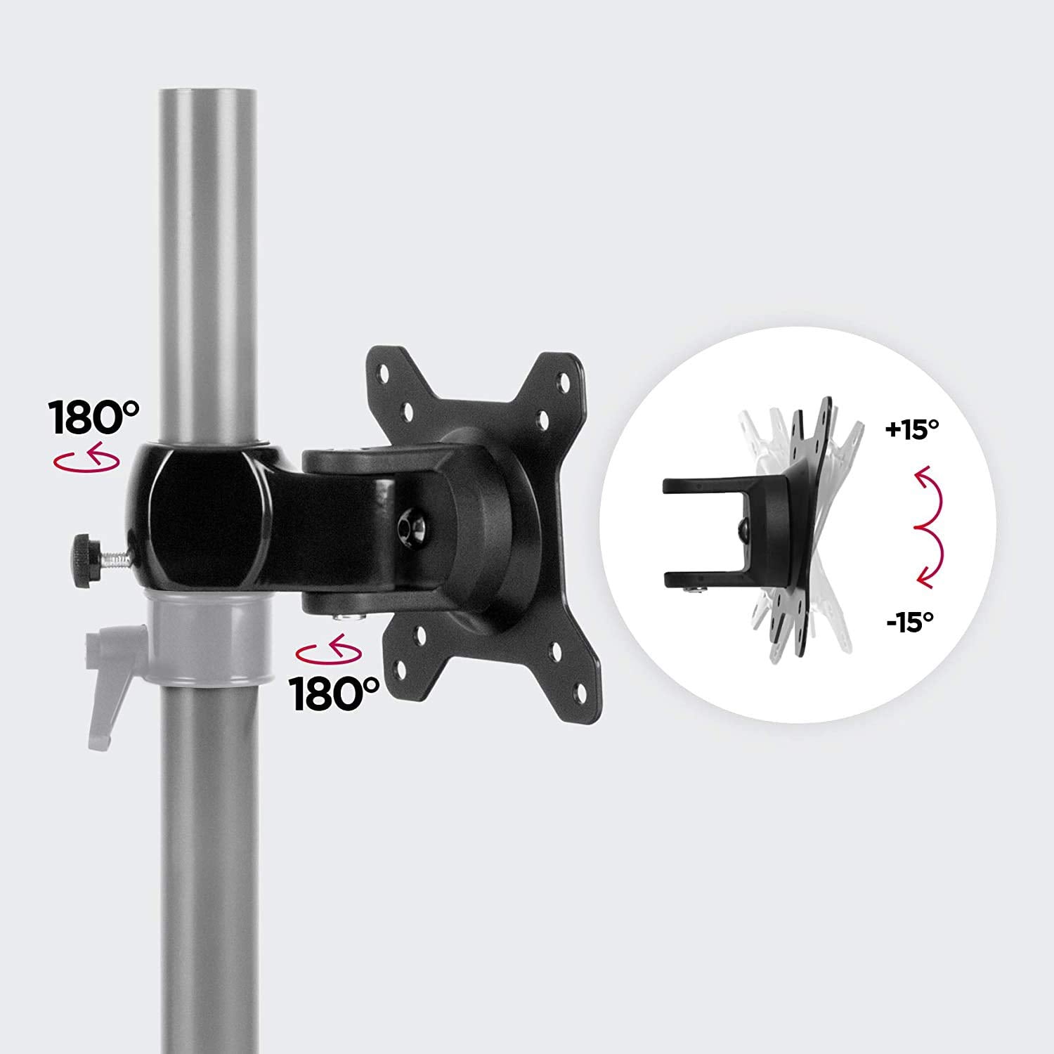 Duronic Monitor Arm Stand VESA Head showing 180-degree swivel and 15-degree tilt adjustments.