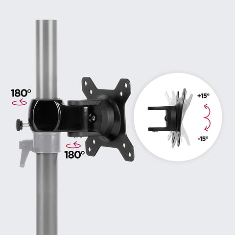 Duronic Monitor Arm Stand VESA Head showing 180-degree swivel and 15-degree tilt adjustments.