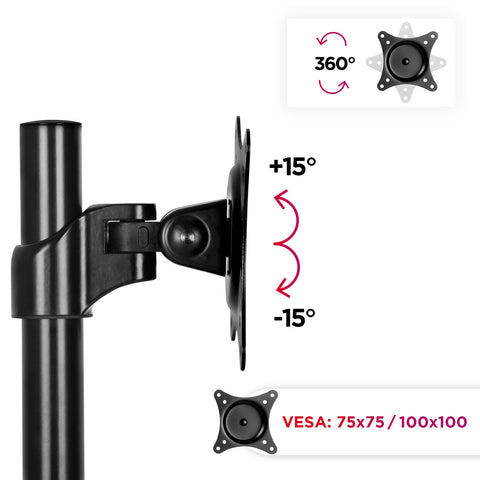 Duronic Monitor Arm Stand VESA Head showing 360-degree rotation, 15-degree tilt, and VESA compatibility graphics.