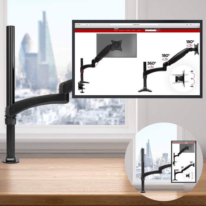 Duronic Monitor Arm Stand attached to wooden desk displaying screen motion rotation angles.