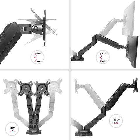 Duronic Monitor Arm Stand demonstrating a black monitor arm mount's tilt, height, and rotation adjustment ranges.