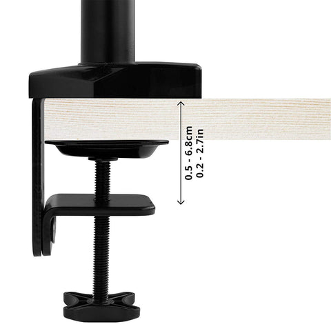 Duronic Monitor Arm Stand featuring a 0.5-6.8cm thickness measurement.