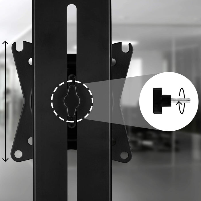 Duronic Monitor Arm Stand featuring a height-sliding track and a quick-release manual tightening adjustment knob.