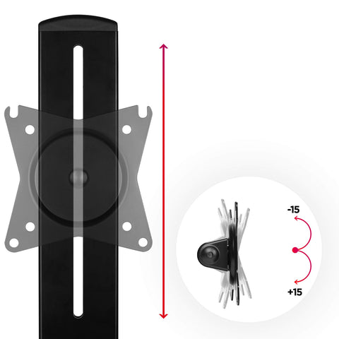 Duronic Monitor Arm Stand featuring a vertical height track and a 15-degree upward and downward tilt.