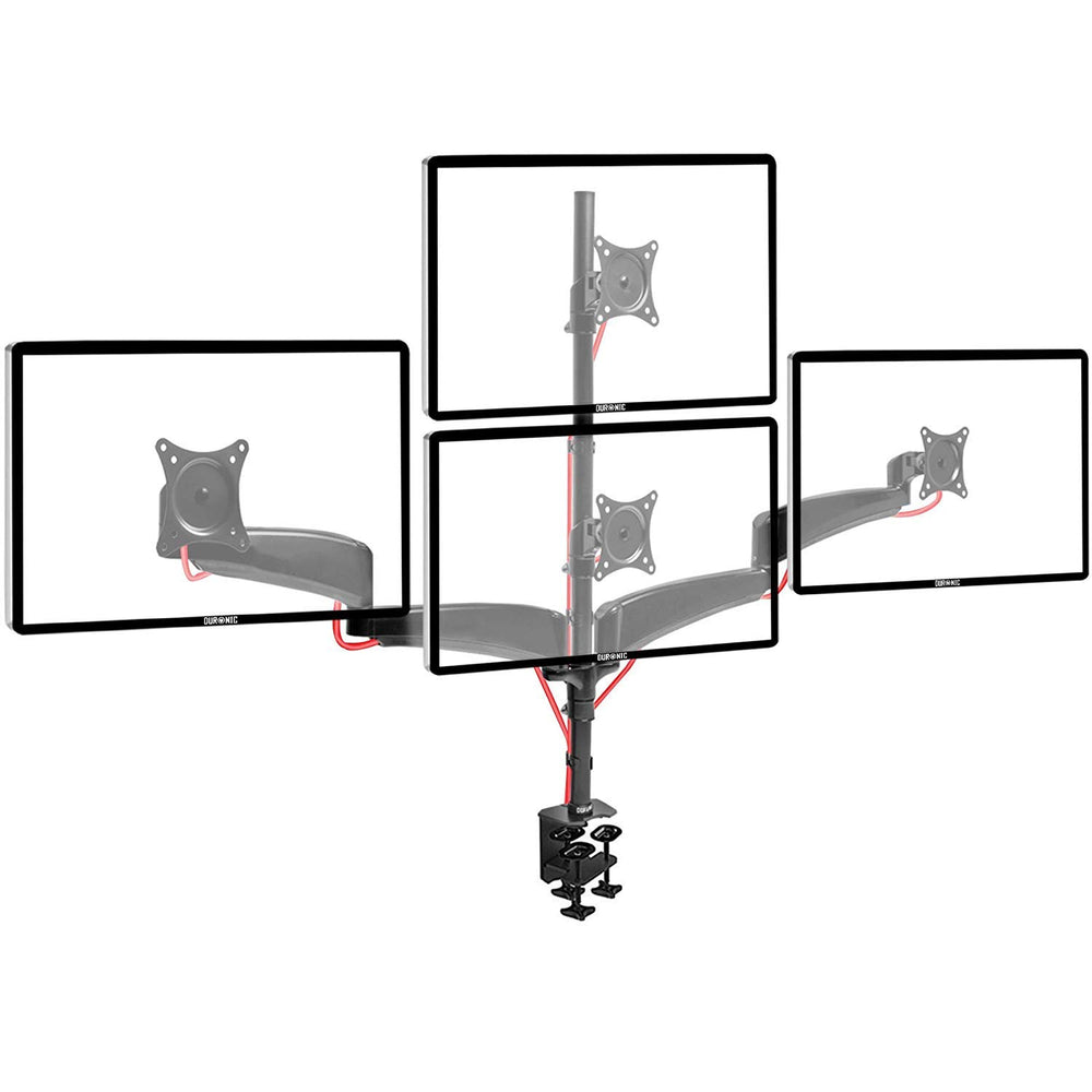 Duronic Monitor Arm Stand holding four screens in a stacked and side-by-side configuration.