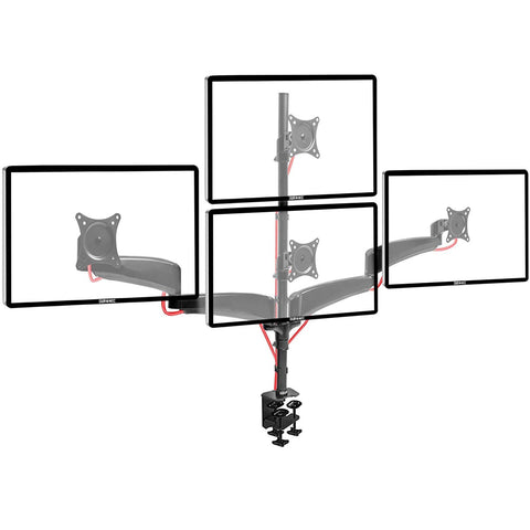 Duronic Monitor Arm Stand holding four screens in a stacked and side-by-side configuration.