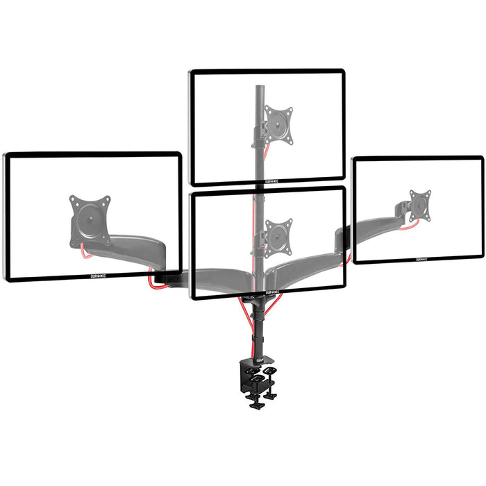 Duronic Monitor Arm Stand holding four screens in a stacked and side-by-side configuration.