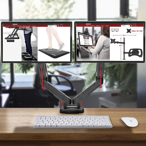 Duronic Monitor Arm Stand holding two displays over a wooden desk.