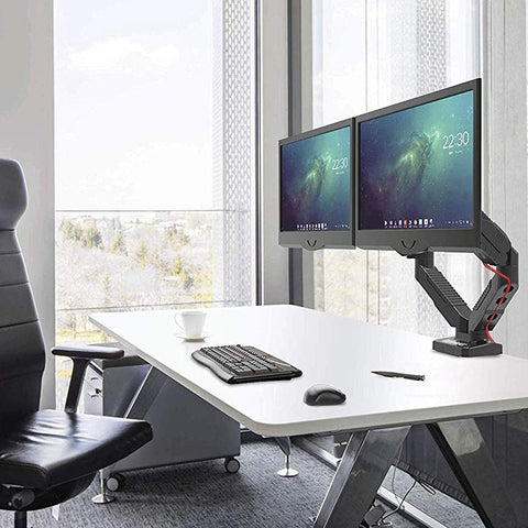 Duronic Monitor Arm Stand holding two screens above a white office desk with keyboard and mouse.