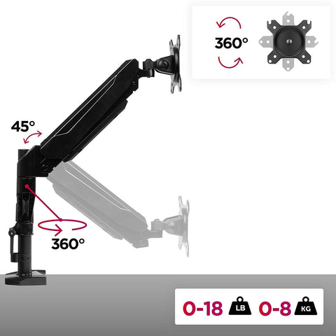 Duronic Monitor Arm Stand showcasing degree rotation specs and weight capacity up to 8kg.