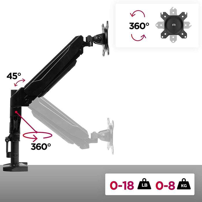 Duronic Monitor Arm Stand showcasing degree rotation specs and weight capacity up to 8kg.