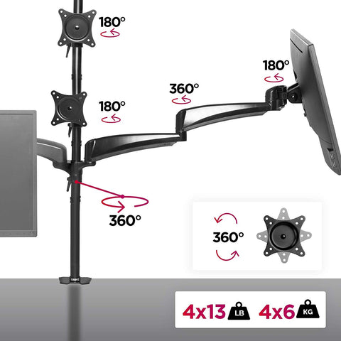 Duronic Monitor Arm Stand showcasing degree rotations and maximum weight capacity of 13 lbs per arm.