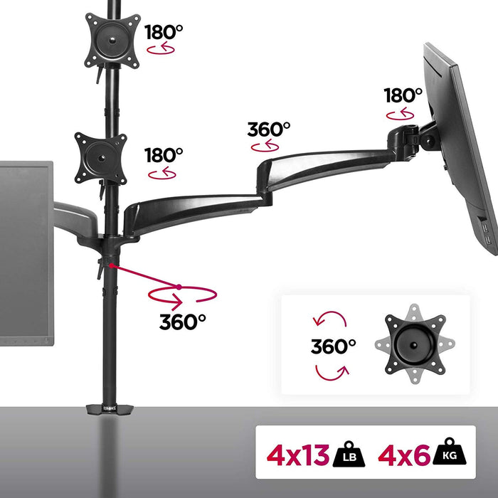 Duronic Monitor Arm Stand showcasing degree rotations and maximum weight capacity of 13 lbs per arm.