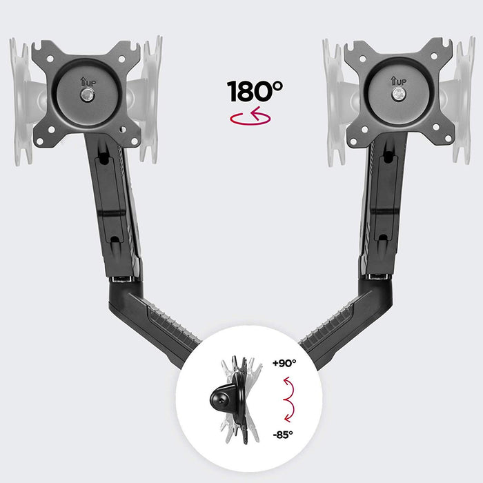 Duronic Monitor Arm Stand showing 180-degree rotation and +90 to -85-degree tilt capability.