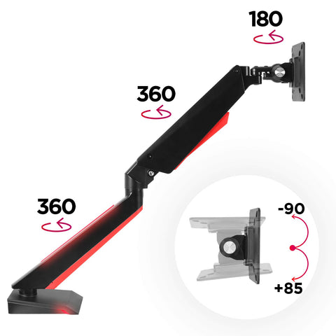 Duronic Monitor Arm Stand showing 360-degree rotation and 175-degree tilt range.