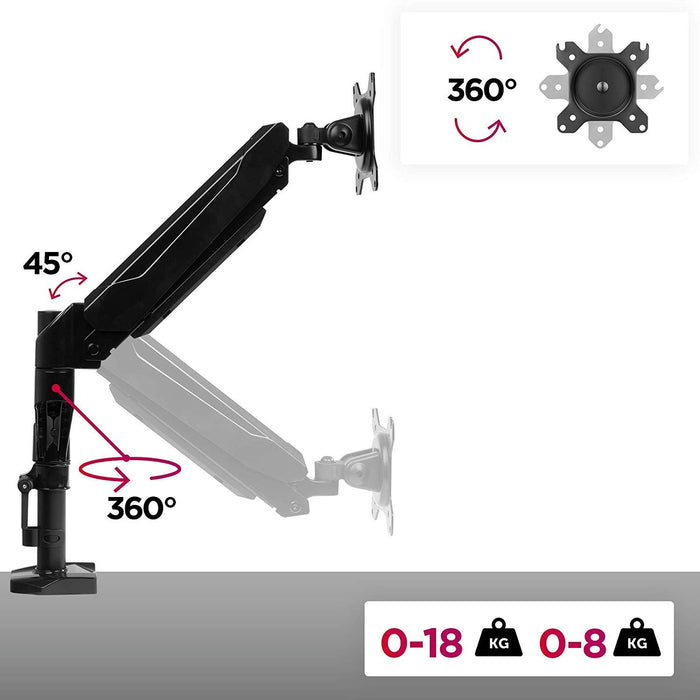 Duronic Monitor Arm Stand showing 360-degree rotation, height adjustment, and weight capacity ranges.