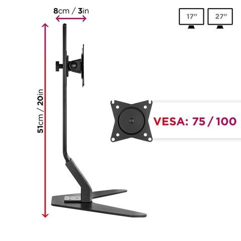 Duronic Monitor Arm Stand showing 51cm height, 8cm depth, and VESA 75/100 compatibility.