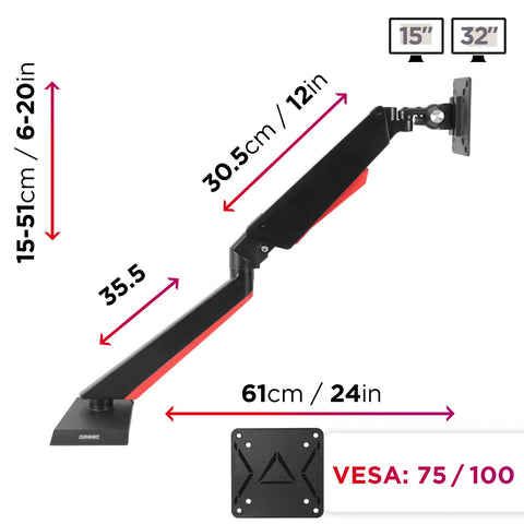 Duronic Monitor Arm Stand showing VESA compatibility and extension measurements.