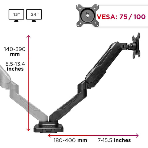Duronic Monitor Arm Stand showing VESA plate, height, and reach dimensions.