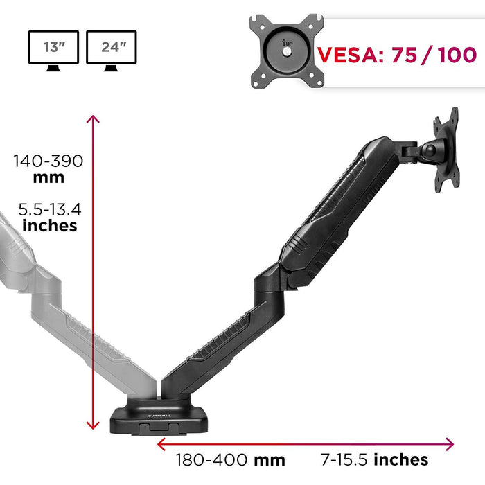 Duronic Monitor Arm Stand showing VESA plate, height, and reach dimensions.