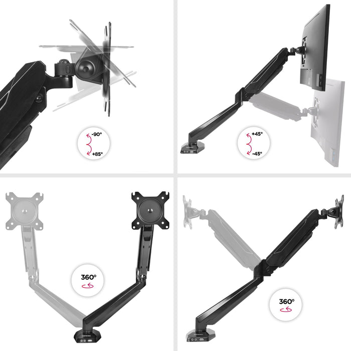 Duronic Monitor Arm Stand showing a black adjustable monitor arm’s tilt, height, and 360-degree rotation capabilities.