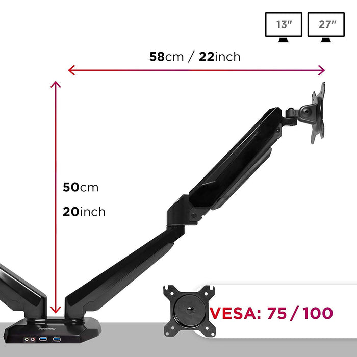 Duronic Monitor Arm Stand showing a max height of 50cm and 58cm reach.