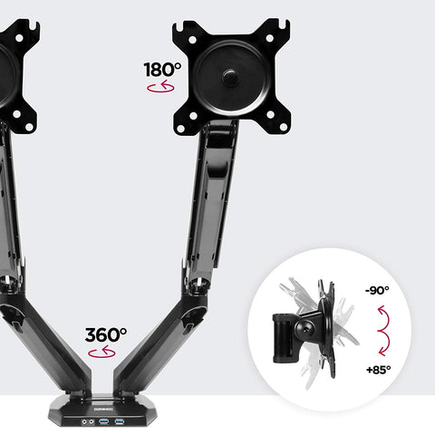 Duronic Monitor Arm Stand showing adjustable 180-degree rotation, 360-degree swivel, and tilt features.