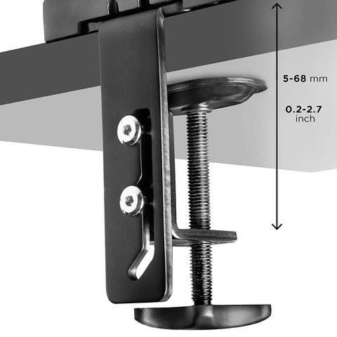 Duronic Monitor Arm Stand showing adjustable 5-68 mm thickness measurements.