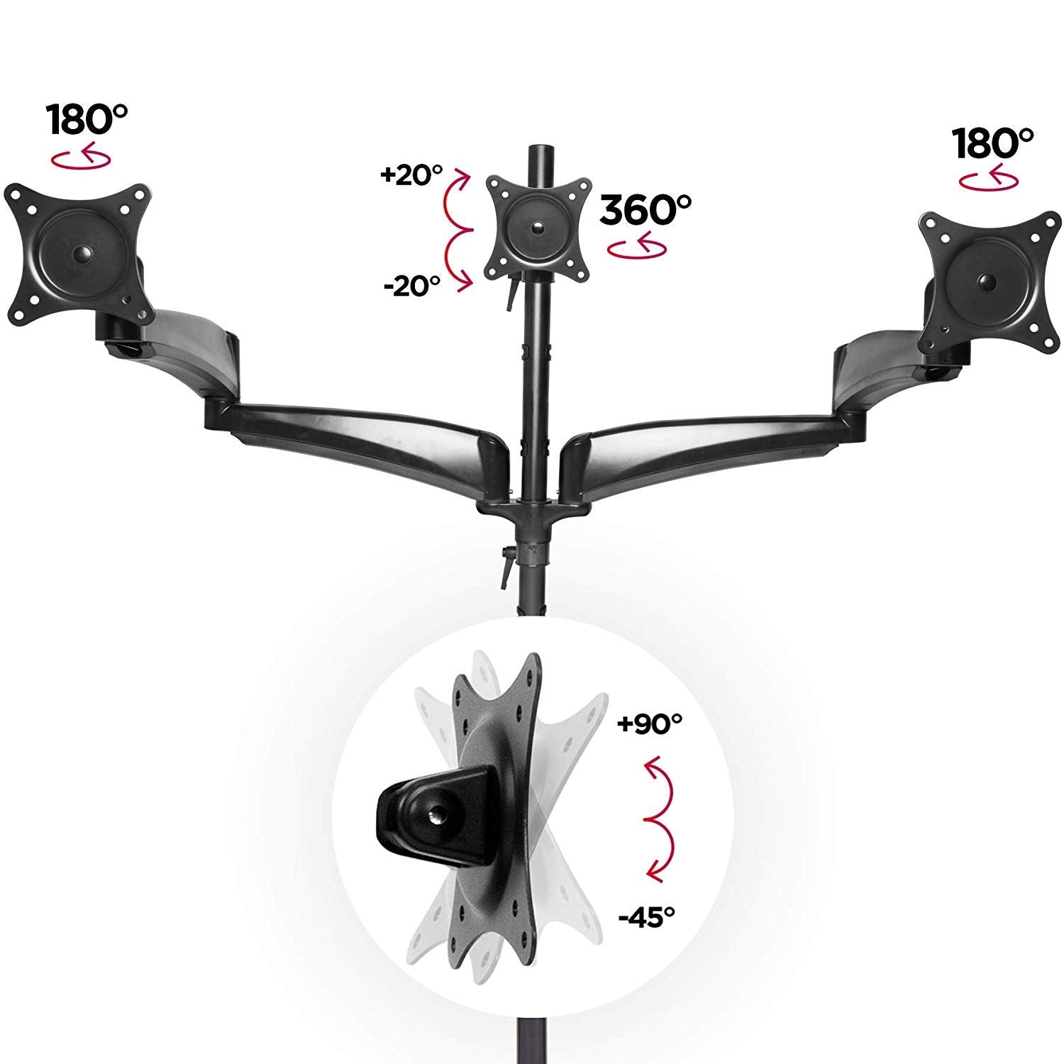 Duronic Monitor Arm Stand showing adjustable arm movements, tilt angles, and 360-degree rotation.