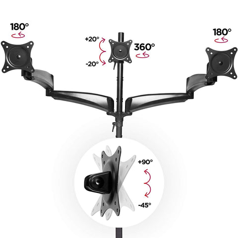 Duronic Monitor Arm Stand showing adjustable arm movements, tilt angles, and 360-degree rotation.