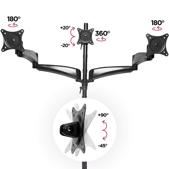 Duronic Monitor Arm Stand showing adjustable arm movements, tilt angles, and 360-degree rotation.