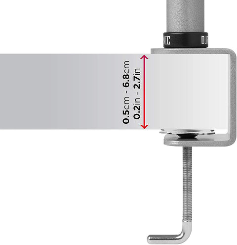 Duronic  Monitor Arm Stand showing adjustable desk thickness range from 0.5cm to 6.8cm (0.2in-2.7in).