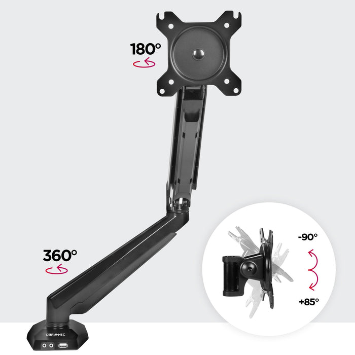 Duronic Monitor Arm Stand showing degrees of rotation, swivel, and tilt articulation.