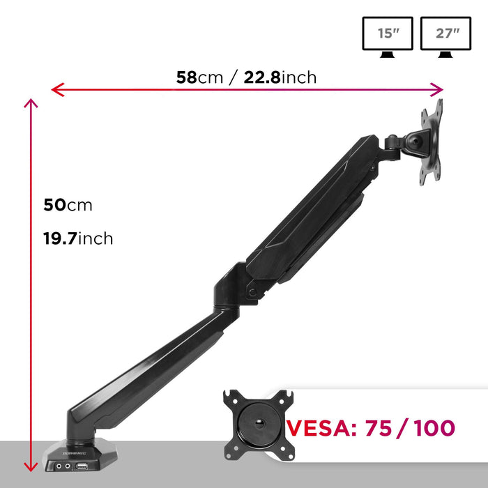 Duronic Monitor Arm Stand showing dimensions, screen compatibility sizes, and VESA mount patterns.