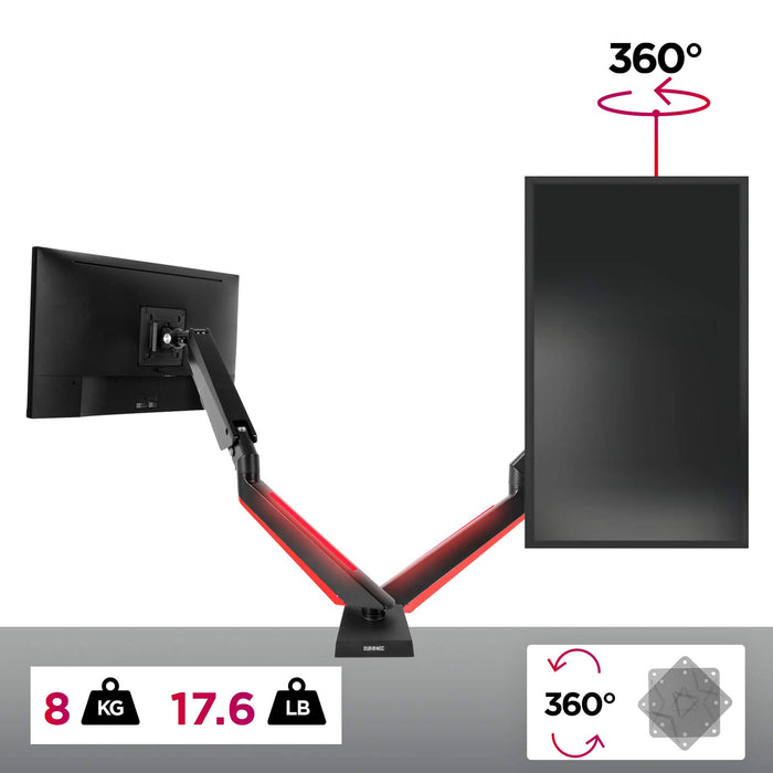 Duronic Monitor Arm Stand supporting up to 17.6 lbs and 360-degree rotation.