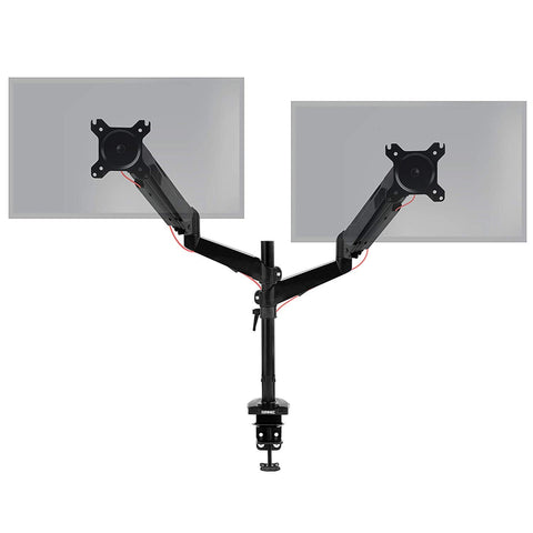 Duronic Monitor Arm Stand with adjustable articulating arms, VESA plates, and a heavy-duty C-clamp base.