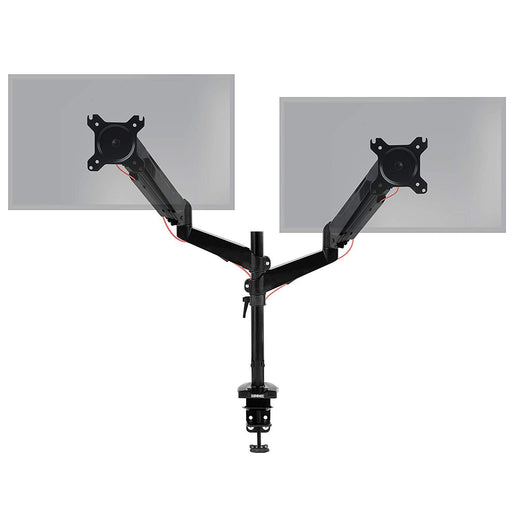 Duronic Monitor Arm Stand with adjustable articulating arms, VESA plates, and a heavy-duty C-clamp base.