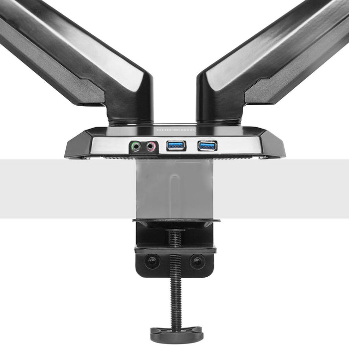 Duronic Monitor Arm Stand with built-in USB ports, audio jacks, and adjustable clamp.