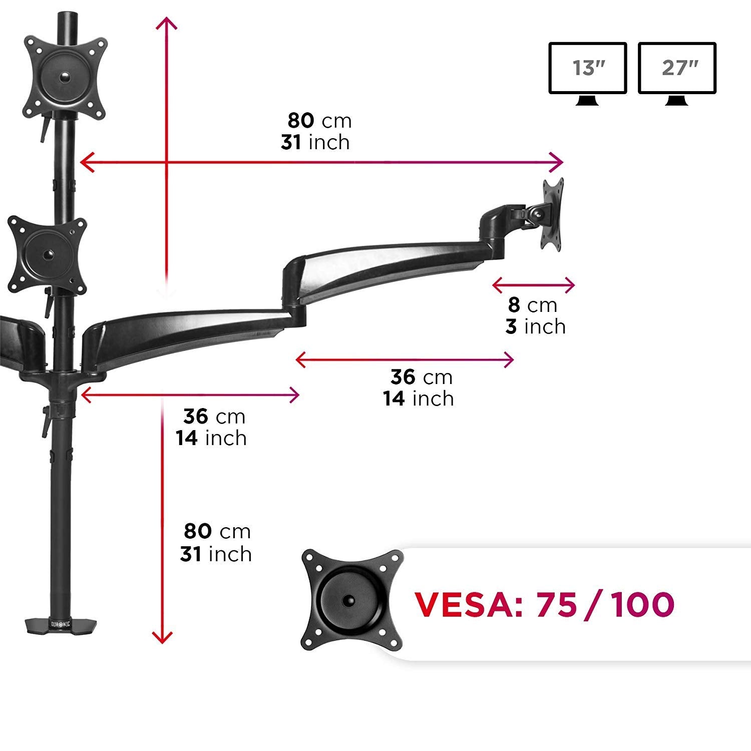 Duronic Monitor Arm Stand with dimensions, 13
