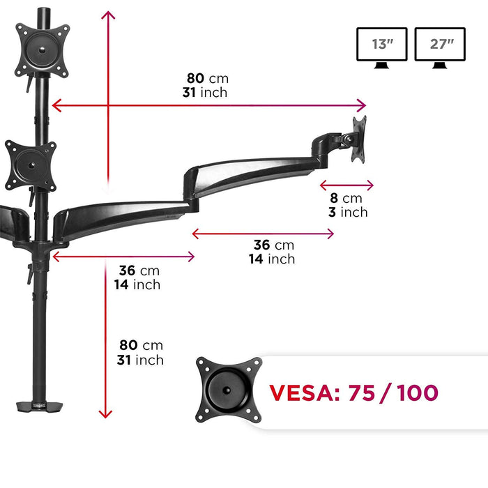 Duronic Monitor Arm Stand with dimensions, 13" to 27" screen compatibility, and VESA 75/100 support.