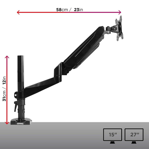 Duronic Monitor Arm Stand with dimensions on a desk background