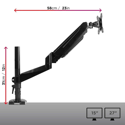 Duronic Monitor Arm Stand with dimensions on a desk background