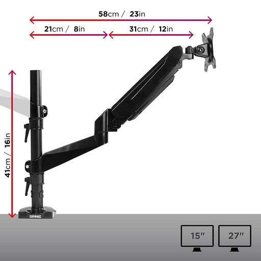 Duronic Monitor Arm Stand with height and extension dimensions in centimeters and inches.