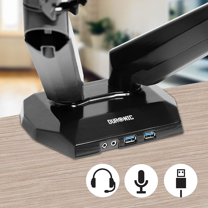Duronic Monitor Arm Stand with integrated USB ports, headphone jack, and microphone jack inputs.