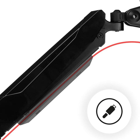 Duronic Monitor Arm Stand with integrated cable management slot holding a thin red power cord.