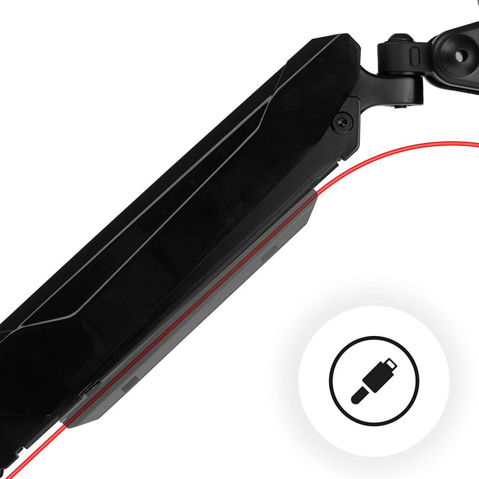 Duronic Monitor Arm Stand with integrated cable management slot holding a thin red power cord.