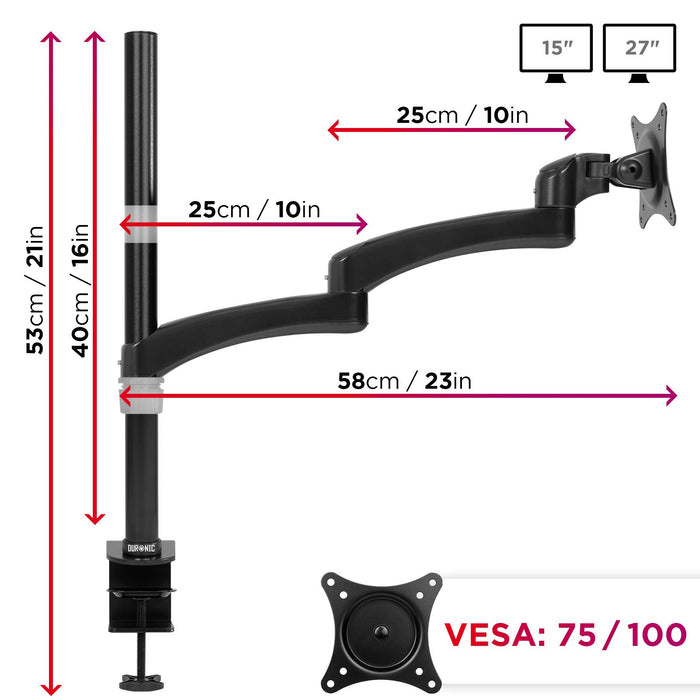 Duronic Monitor Arm Stand with measurements for height, extension, and VESA compatibility.