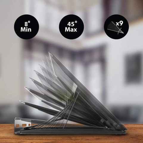 Duronic Monitor Laptop Stand showing nine different height levels ranging from 8 to 45 degrees.