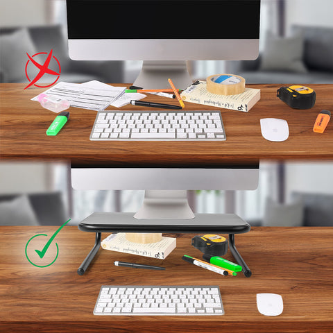 Duronic Monitor Stand Riser comparison of a cluttered desk vs. an organized desk with a monitor stand.